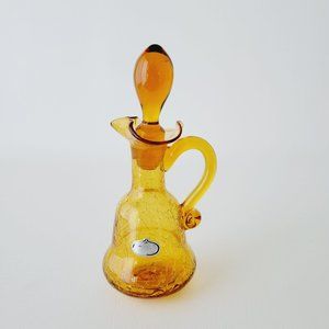 Hand Blown Amber Crackle Glass Cruet by Rainbow, Vintage Yellow Vinegar Bottle